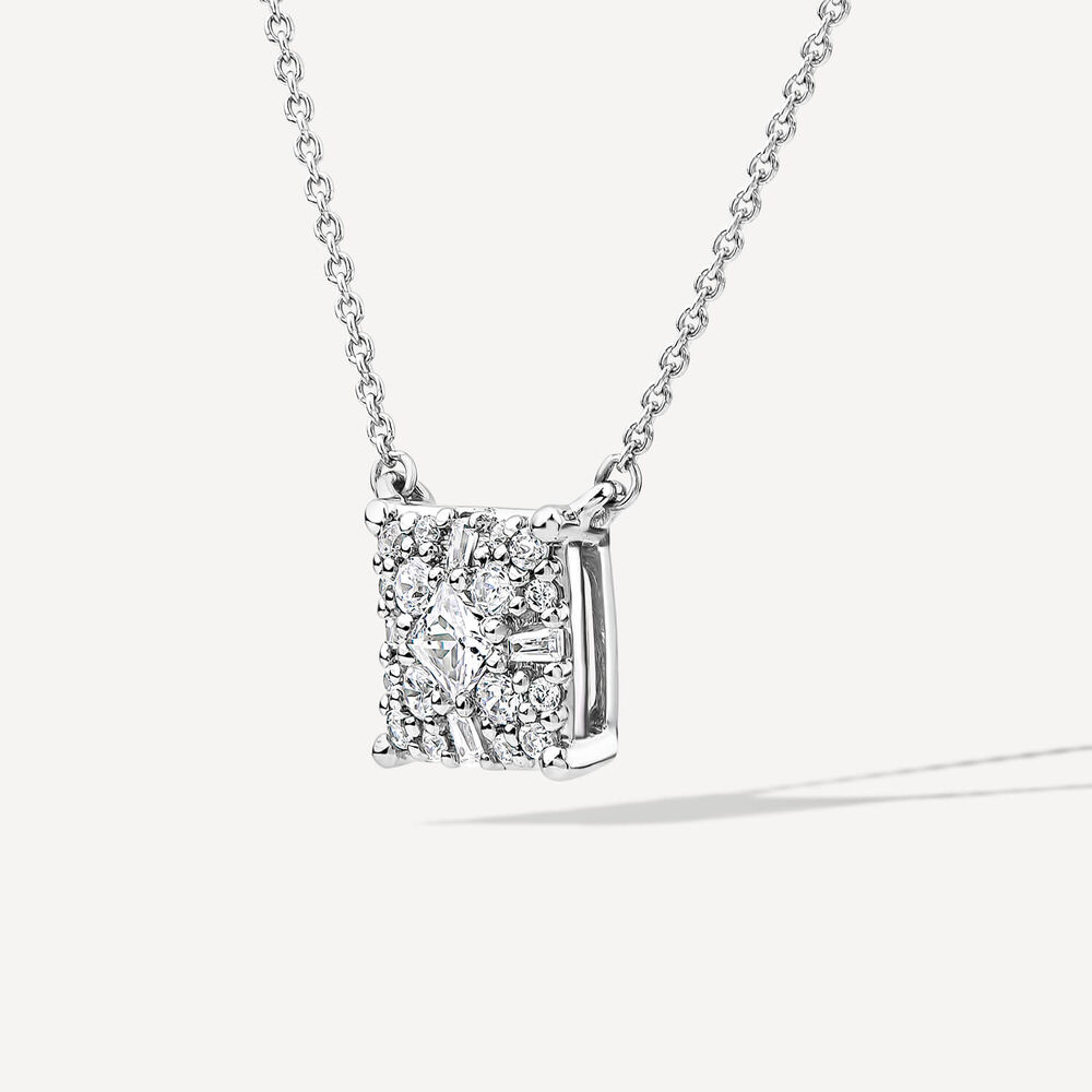 9ct White Gold 0.33ct Cluster Baguette & Round Diamond Square Shaped Pendant
