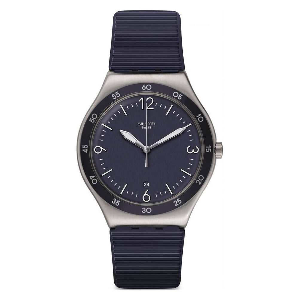 Swatch Blue Suit Big Classic 43mm Gray Case Navy Blue Dial Navy Blue Rubber Strap Unisex Watch