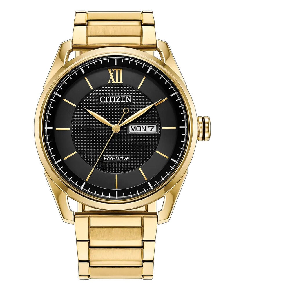 Citizen 42mm Black Dial Yellow Gold Tone Stainless Steel Bracelet Watch
