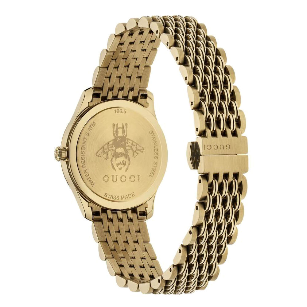 Gucci Timeless 29mm Silver Dial Bee Detail Yellow Gold PVD Case Bracelet Watch