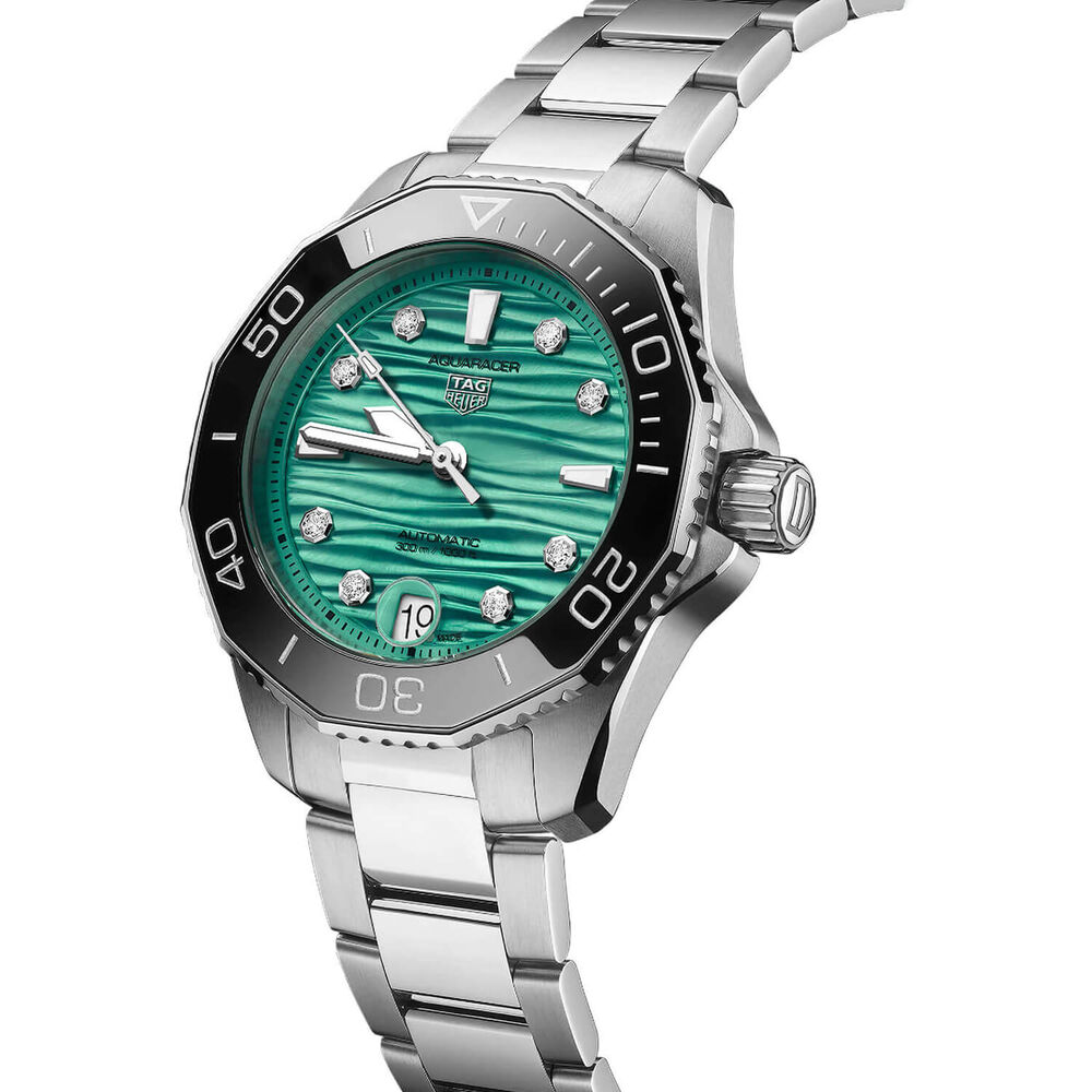 TAG  Heuer Aquaracer Professional 300 Date 36mm Turqoise Dial Diamond Dots Rubber Strap Watch image number 1