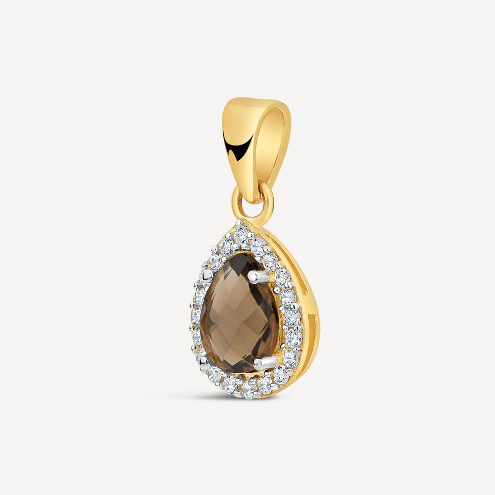 9ct Yellow Gold Pear Smokey Quartz & Cubic Zirconia Pendant (Chain Included) image number 1