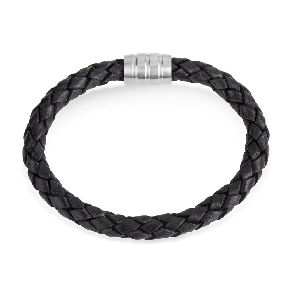 Steel & Black Plaited Leather Men's Bracelet image number 2