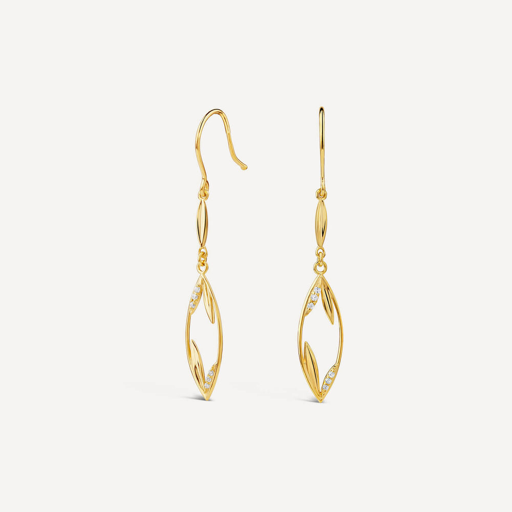 9ct Yellow Gold Cubic Zirconia Open Leaf Design Drop Earrings