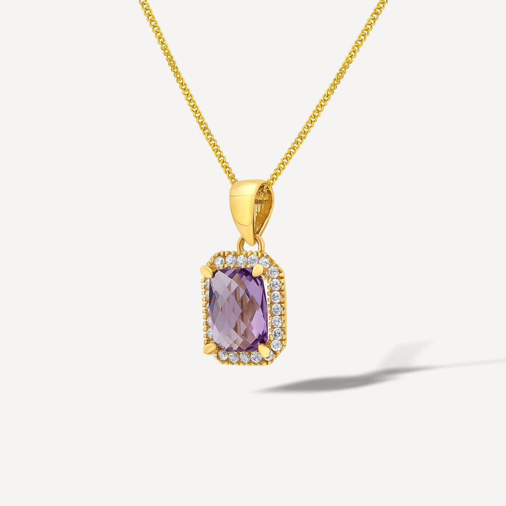 9ct Yellow Gold Rectangular Amethyst & Cubic Zirconia Frame Pendant image number 1