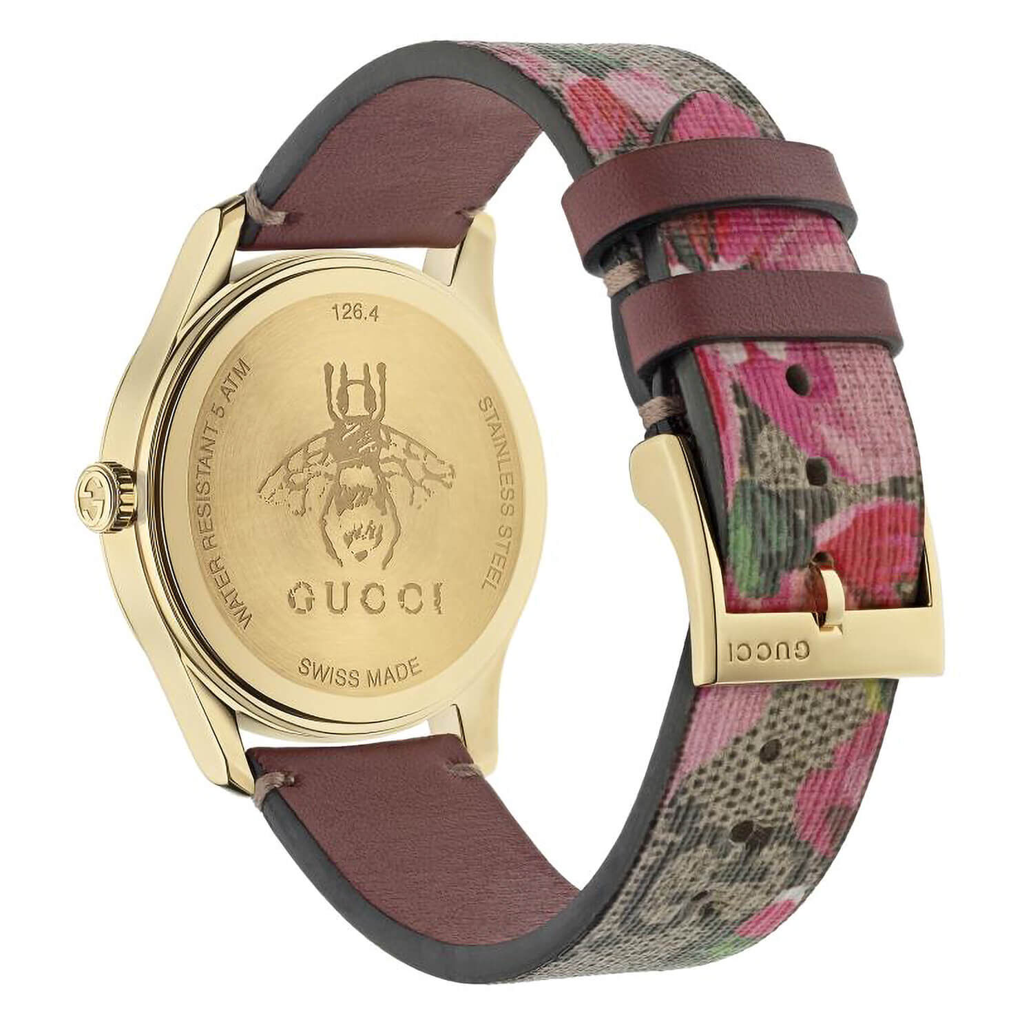 Gucci G Timeless Pink Blooms Dial Leather Strap Watch