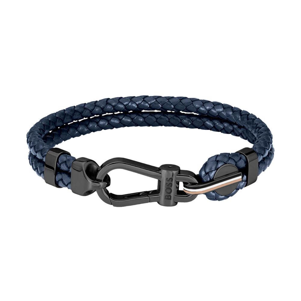 BOSS Ares Prime Blue Braided Leather Black Tone Steel Bracelet