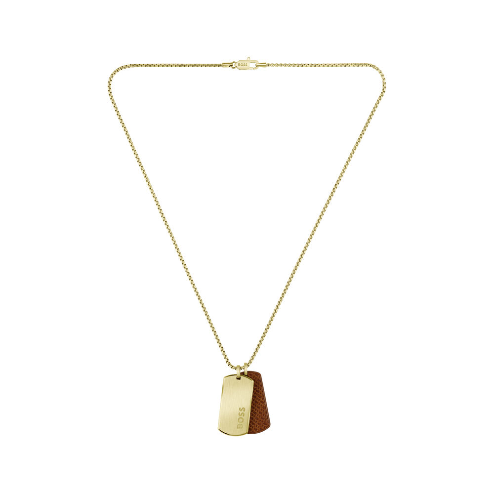 BOSS Devon Double Tag Pendant Yellow Gold Tone Stainless Steel Necklace