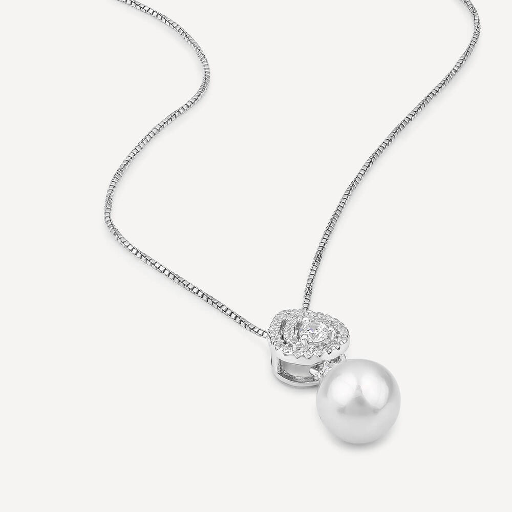 Sterling Silver Cubic Zirconia Double Halo Pear & Pearl Drop Pendant image number 2