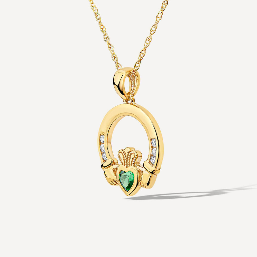 9ct Yellow Gold Green Cubic Zirconia Heart Claddagh Pendant image number 1