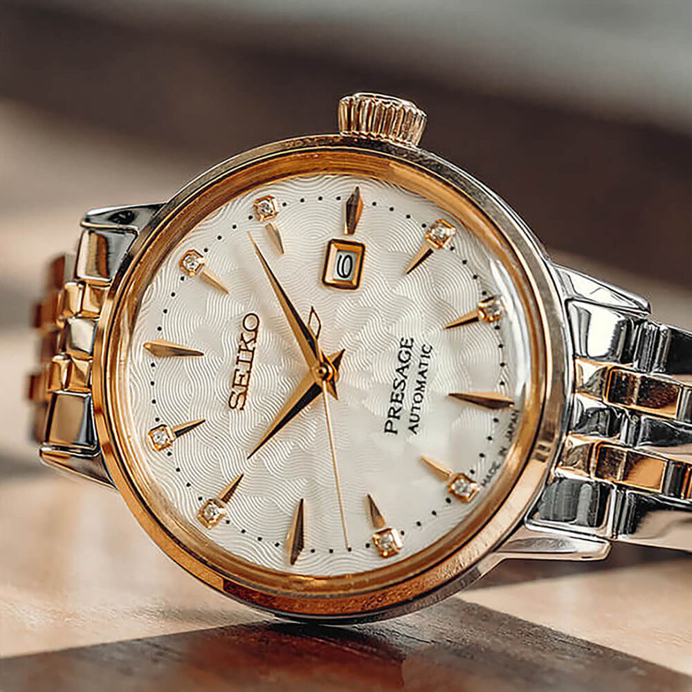 Seiko Presage Cocktail Time 'White Lady' 30mm Beige Dial Two Tone Steel Bracelet Watch