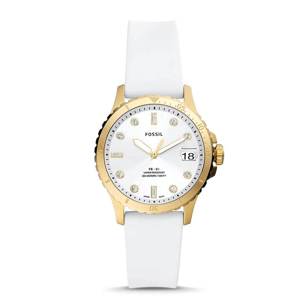 Fossil FB-01 36mm Silver Dial Yellow Gold IP Case White Rubber Watch image number 0