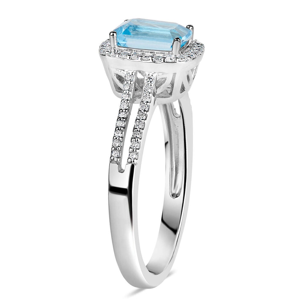 9ct White Gold 0.20ct Diamond and Blue Topaz Emerald Halo Ring image number 3