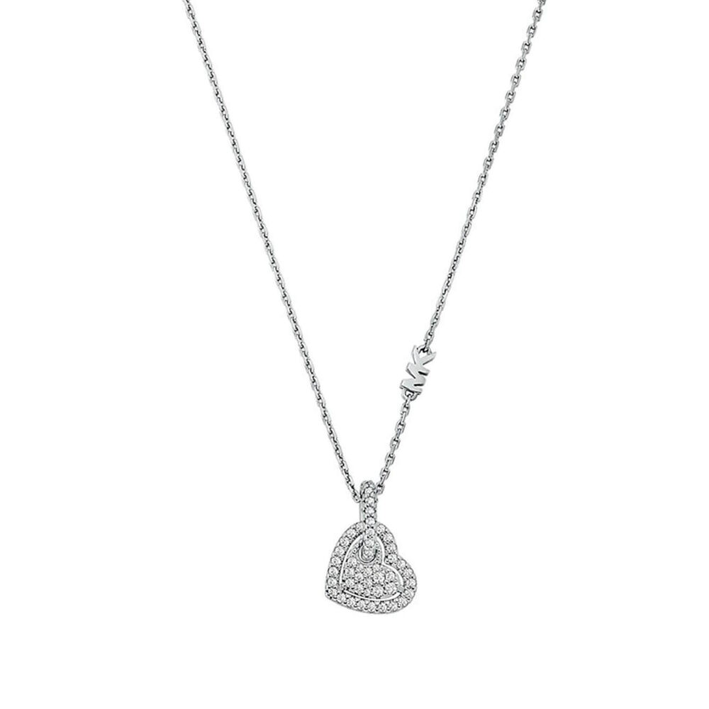Michael Kors Love Cubic Zirconia Heart Pendant Rhodium Plated Necklace