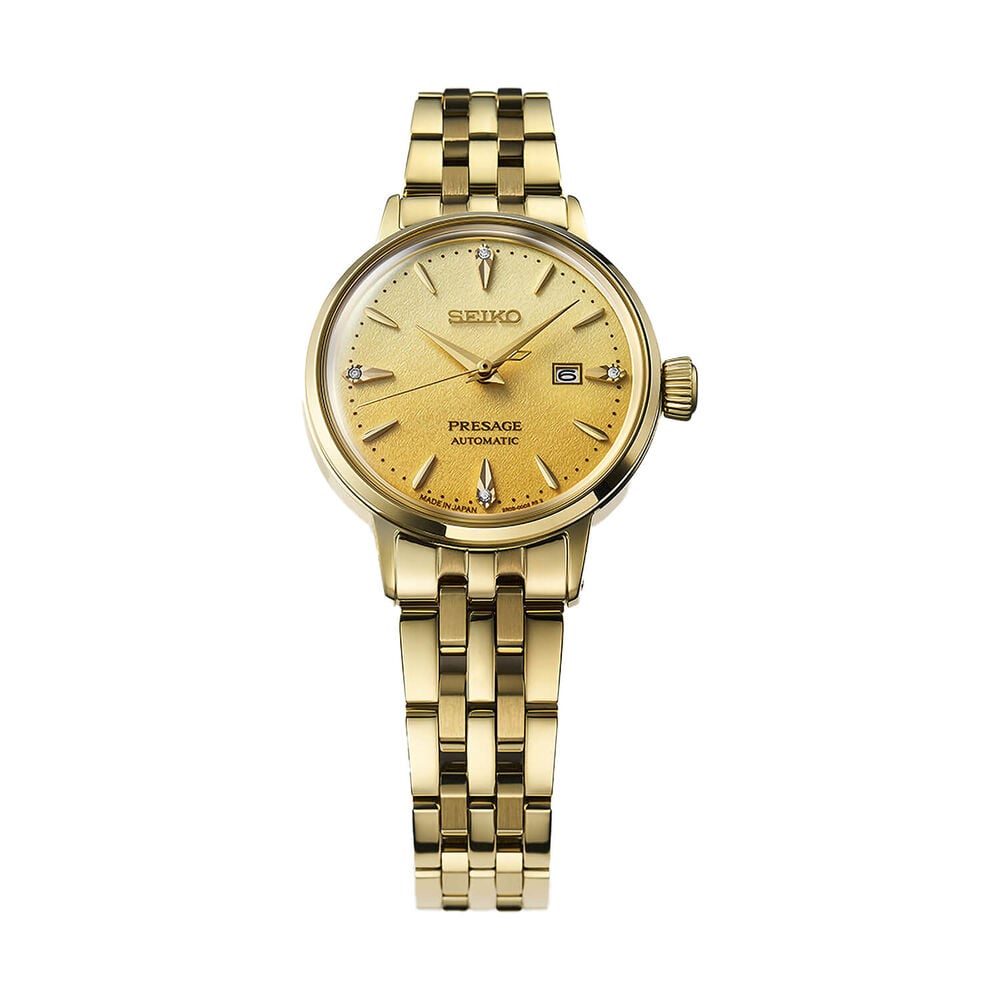 Seiko Presage Cocktail Time &lsquo;Eggnog&rsquo; 30mm Gold Dial Gold Tone Stainless Steel Bracelet Watch image number 2