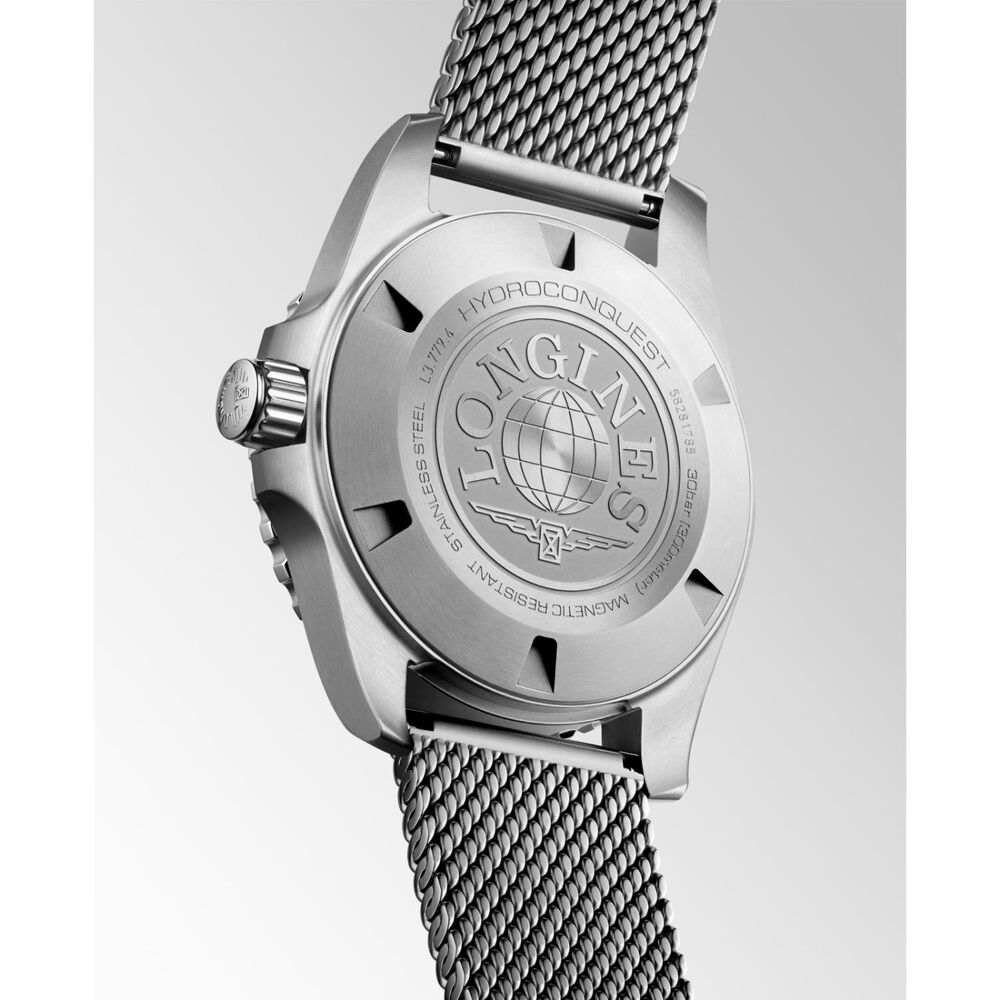 Longines HydroConquest 39mm Frosted Blue Dial Black Bezel Steel Mesh Bracelet Watch