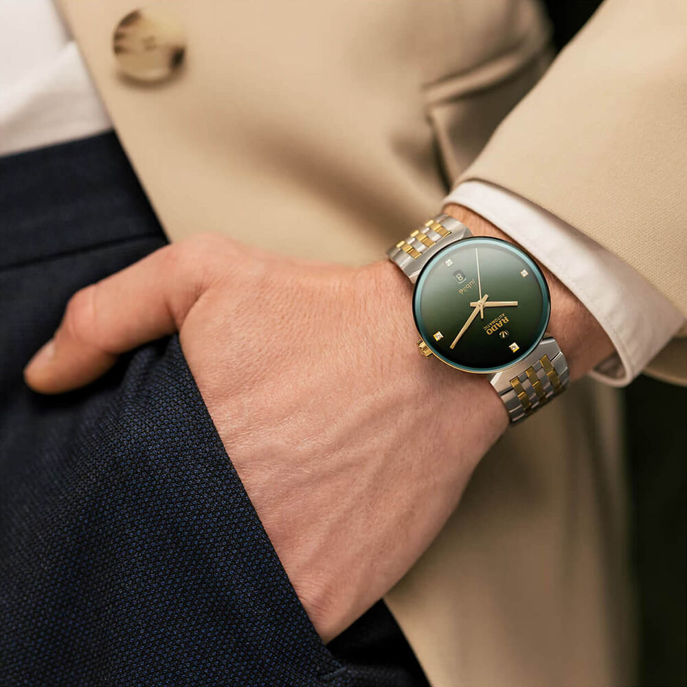 Rado Florence Automatic 39mm Green Dial Yellow Gold PVD Steel Bracelet Watch image number 2