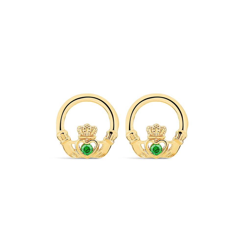 9ct Yellow Gold Green Cubic Zirconia Claddagh Stud Earrings