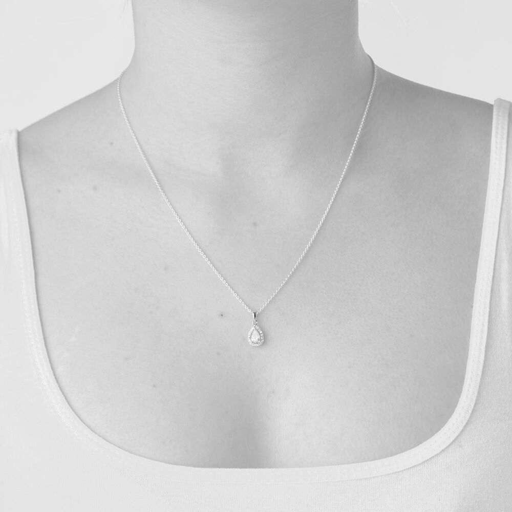 Sterling Silver Pear Cubic Zirconia Halo Pendant (Chain Included) image number 2