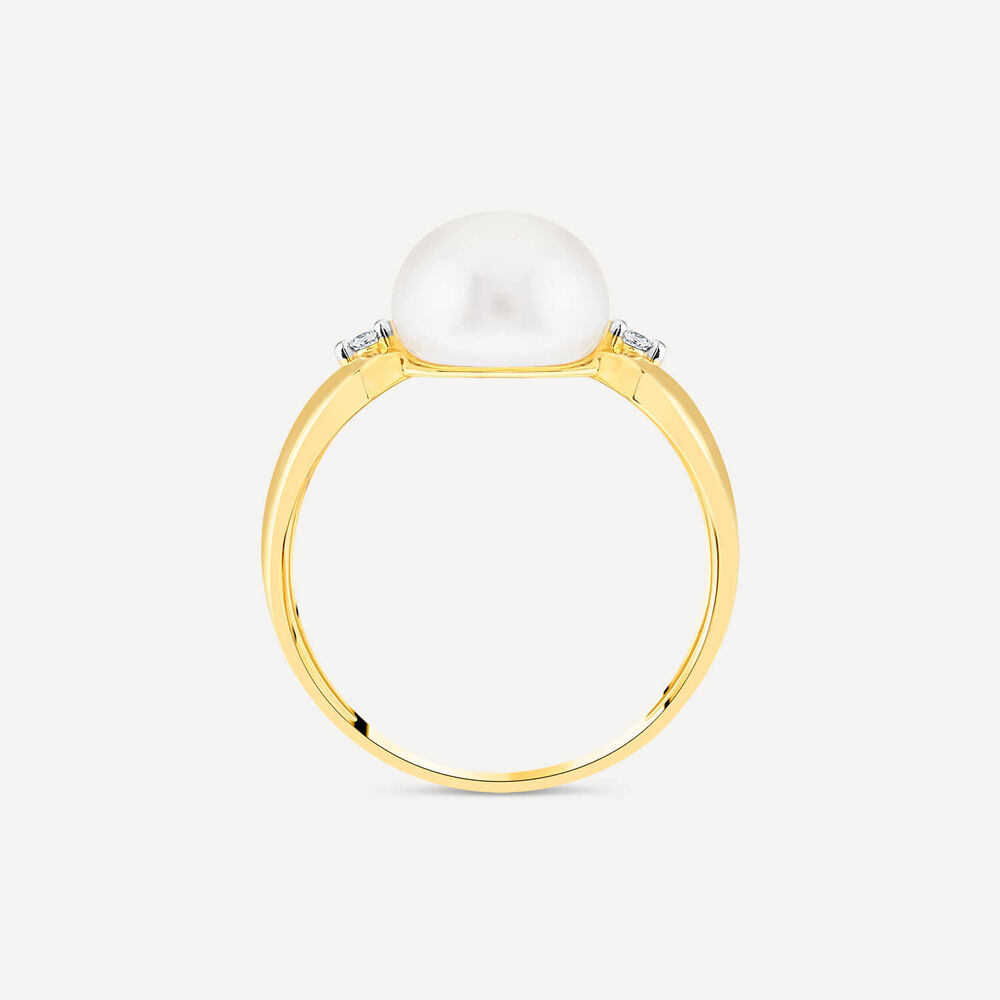 9ct Yellow Gold Freshwater Pearl & 0.015ct Diamond Open Shoulders Ring