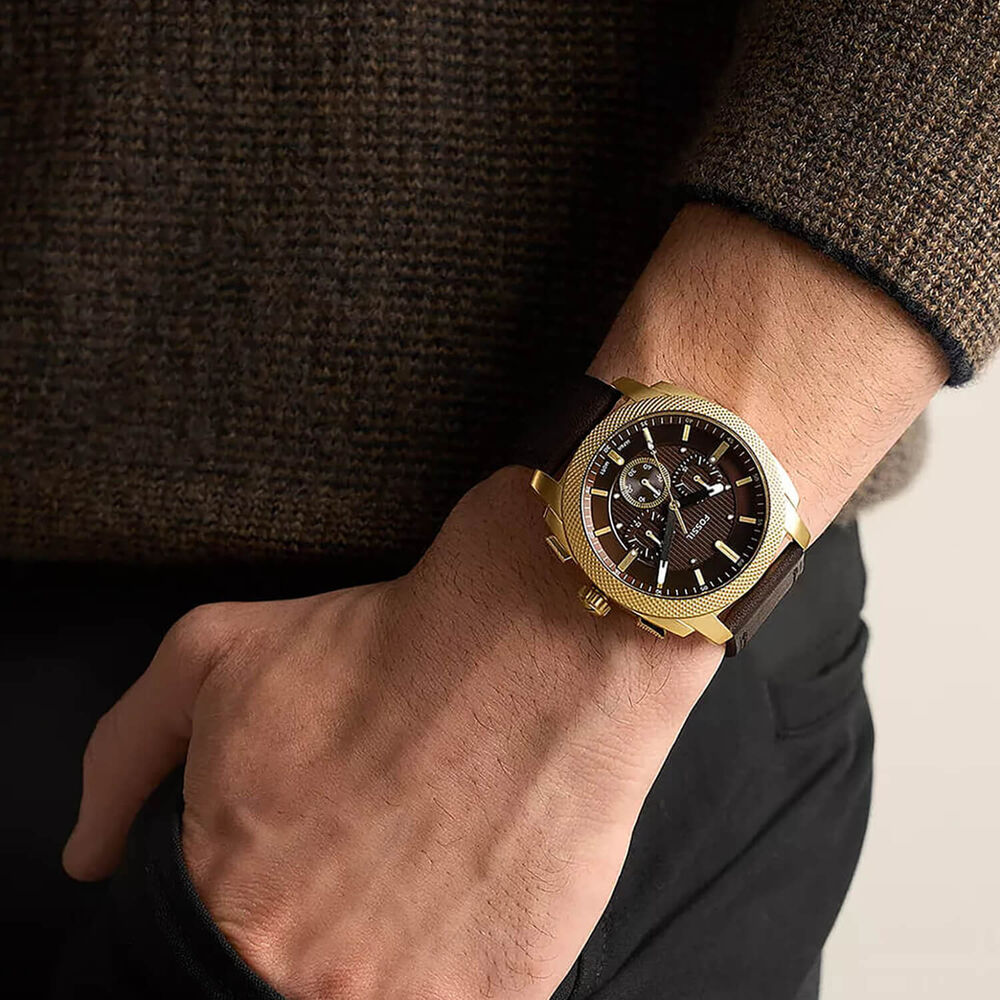 Fossil Machine 44mm Brown Dial Gold Tone Case Brown Leather Strap Watch