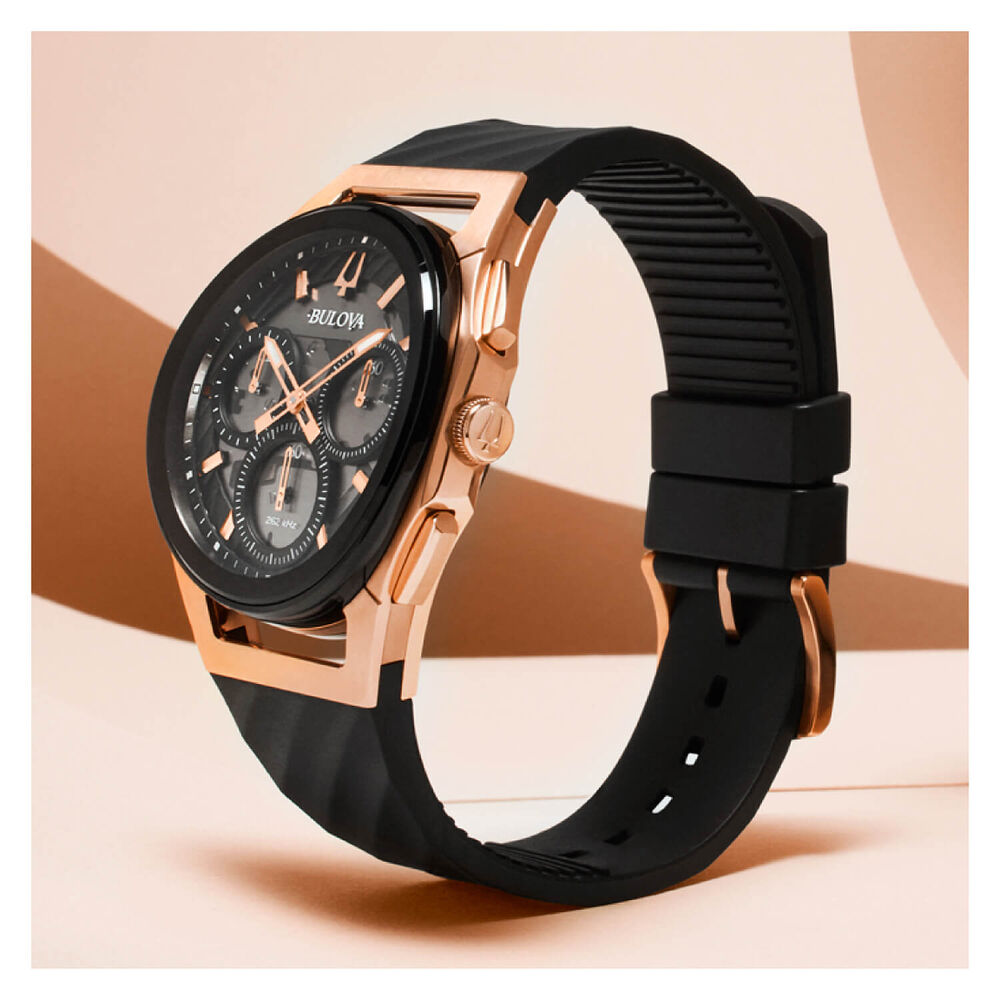 Bulova Curv Quartz Rose Gold PVD and Black Rubber Strap Men's Watch image number 3