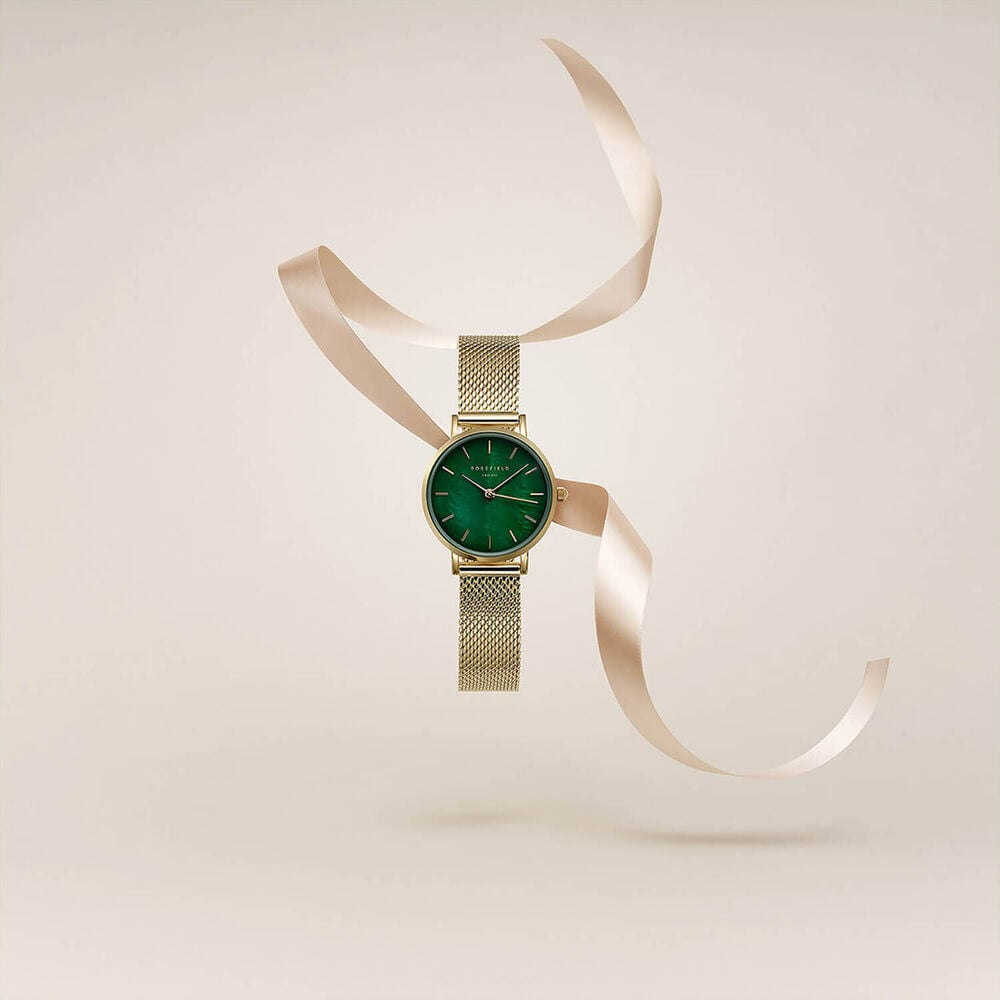 Rosefield Small Edit Emerald Mesh 26mm Pearl Dial 23k Gold Plated Steel Bracelet Watch image number 2