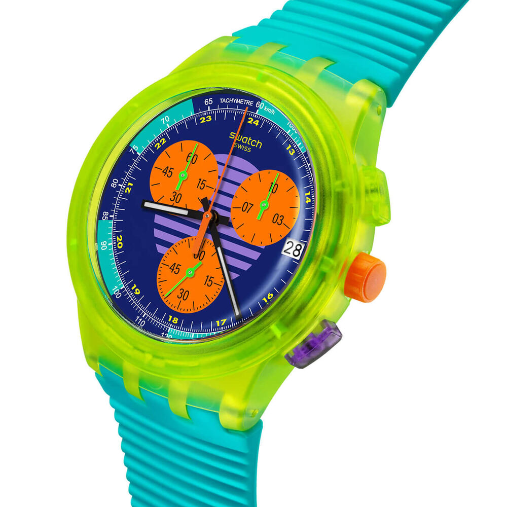Swatch Neon Wave Chronograph 42mm Multi-Coloured Dial Blue Silicone Strap Watch image number 1