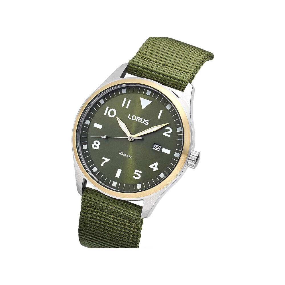 Lorus Quartz Gents 42mm Green Dial Gold Tone Steel Case Strap Watch image number 1
