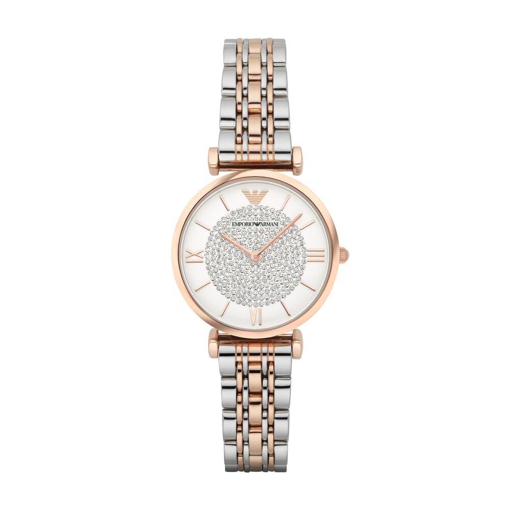 Emporio Armani Gianni T-Bar Cubic Zirconia Set Dial Rose Gold/Steel Case Bracelet Watch