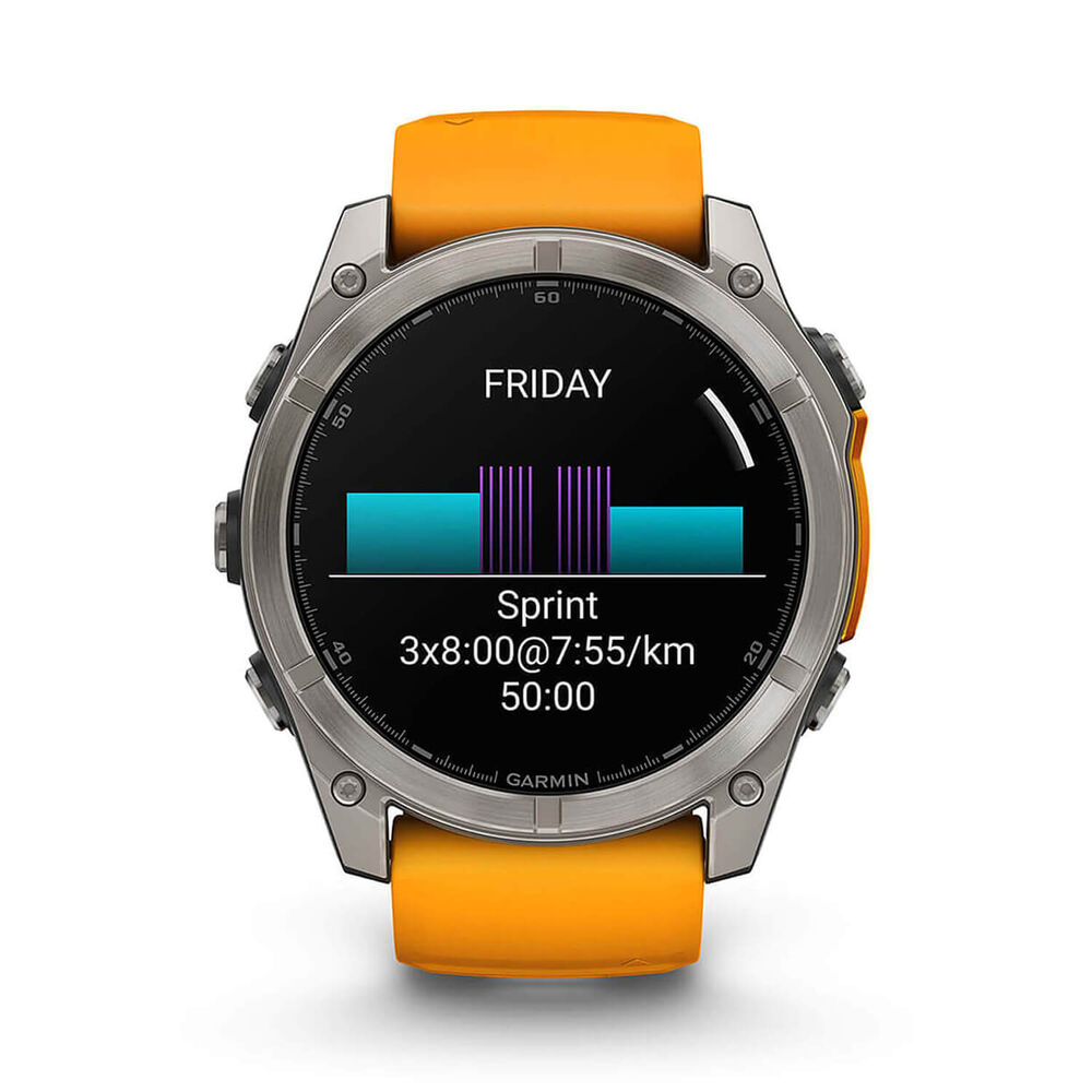 Garmin fenix® 8 AMOLED Sapphire 51mm Titanium Case Spark Orange Graphite Silicon Strap Watch image number 3