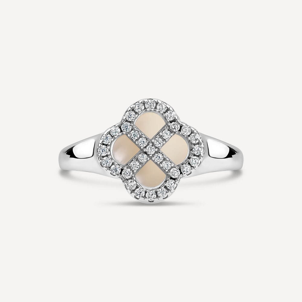 Sterling Silver Mother of Pearl Centre Cubic Zirconia Clover Petal Ring image number 1
