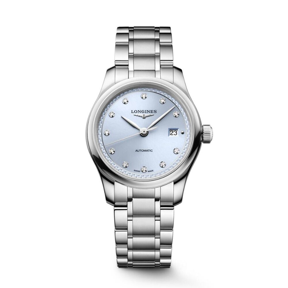 Longines Master Collection 30mm Frosted Blue Sunray Dial Diamond Dots Steel Bracelet Watch
