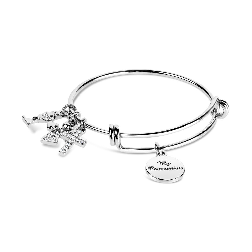 Sterling Silver & Crystal Communion Charm Bangle image number 0