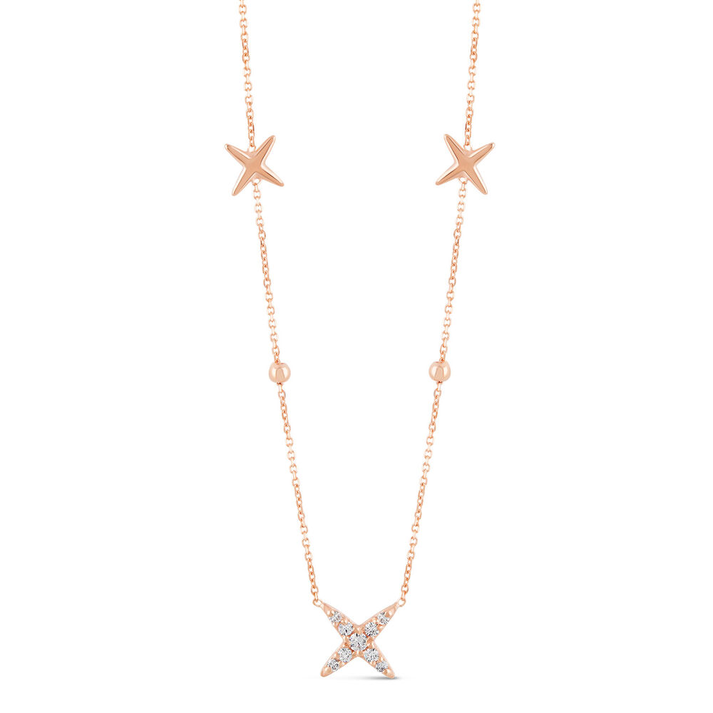 9ct Rose Gold Plain and Cubic Zirconia Cross Chain Necklet