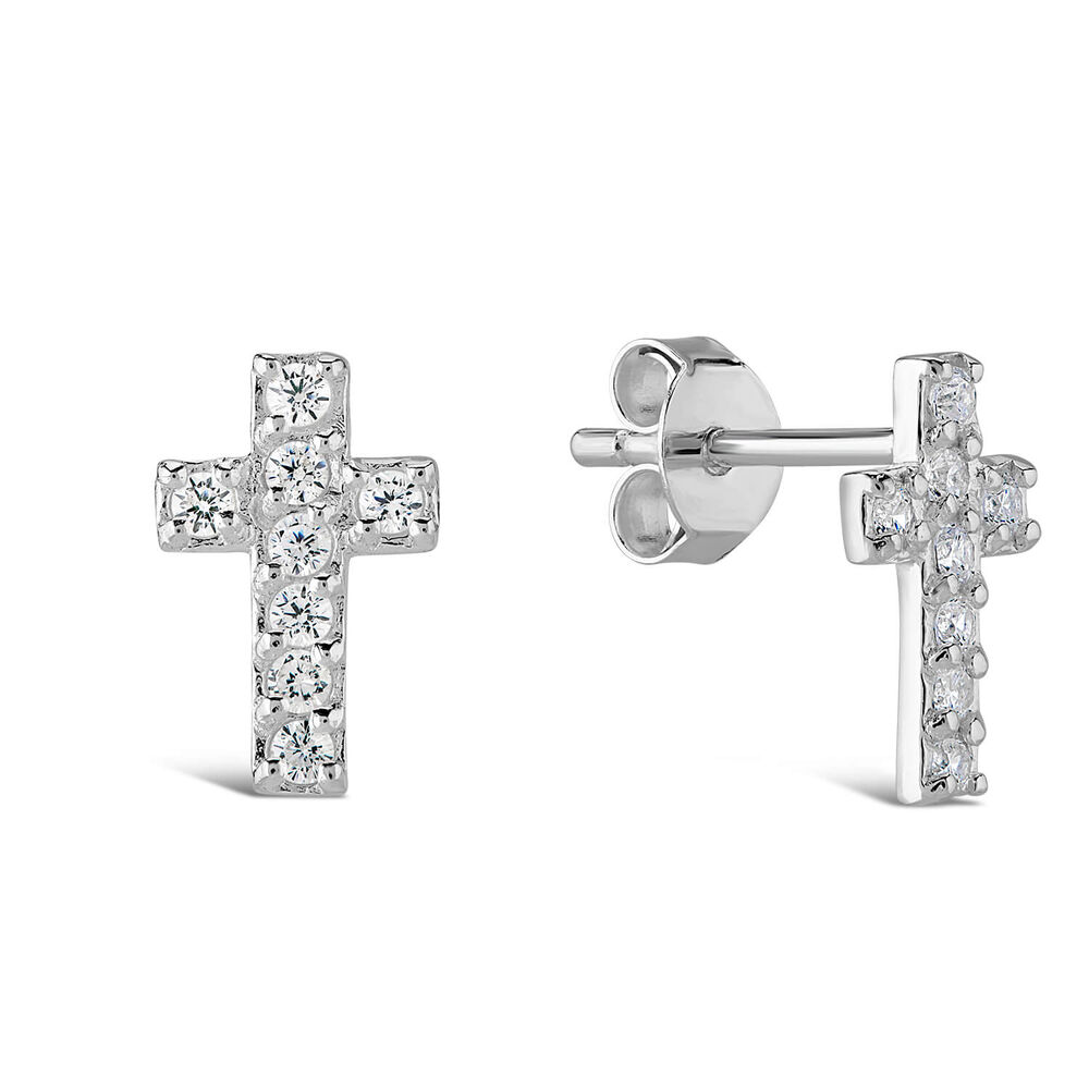 Sterling Silver Cubic Zirconia Set Cross Stud Earrings image number 1