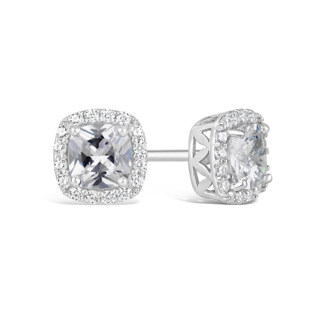 9ct White Gold Cubic Zirconia Square Halo Stud Earrings image number 2