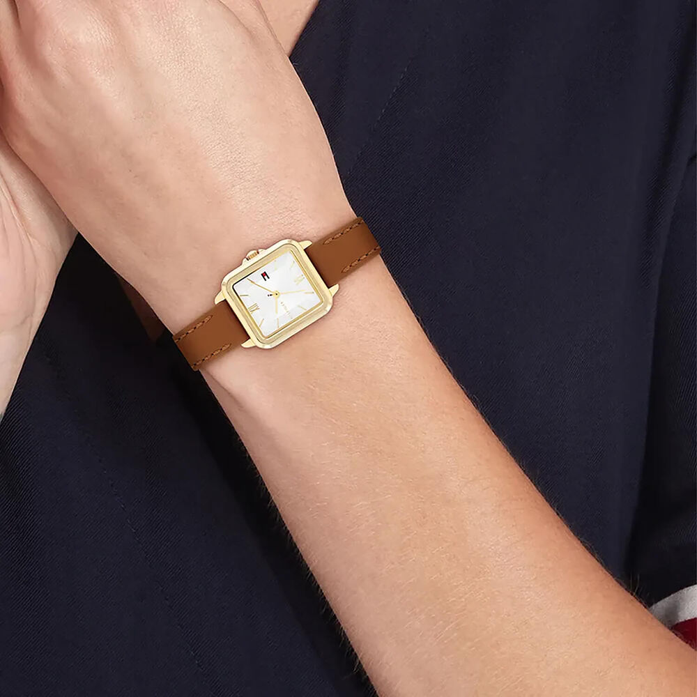 Tommy Hilfiger Mia 24 x 22.5mm Silver Dial Yellow Gold Plated Case Leather Strap Watch