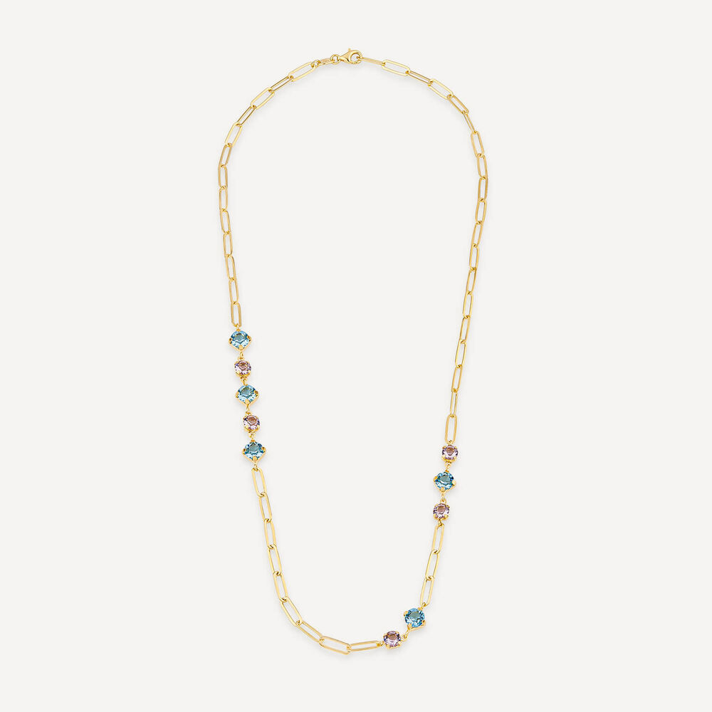Silver & Yellow Gold Plated Coloured Stones Stationed Paperlink Necklet image number 2