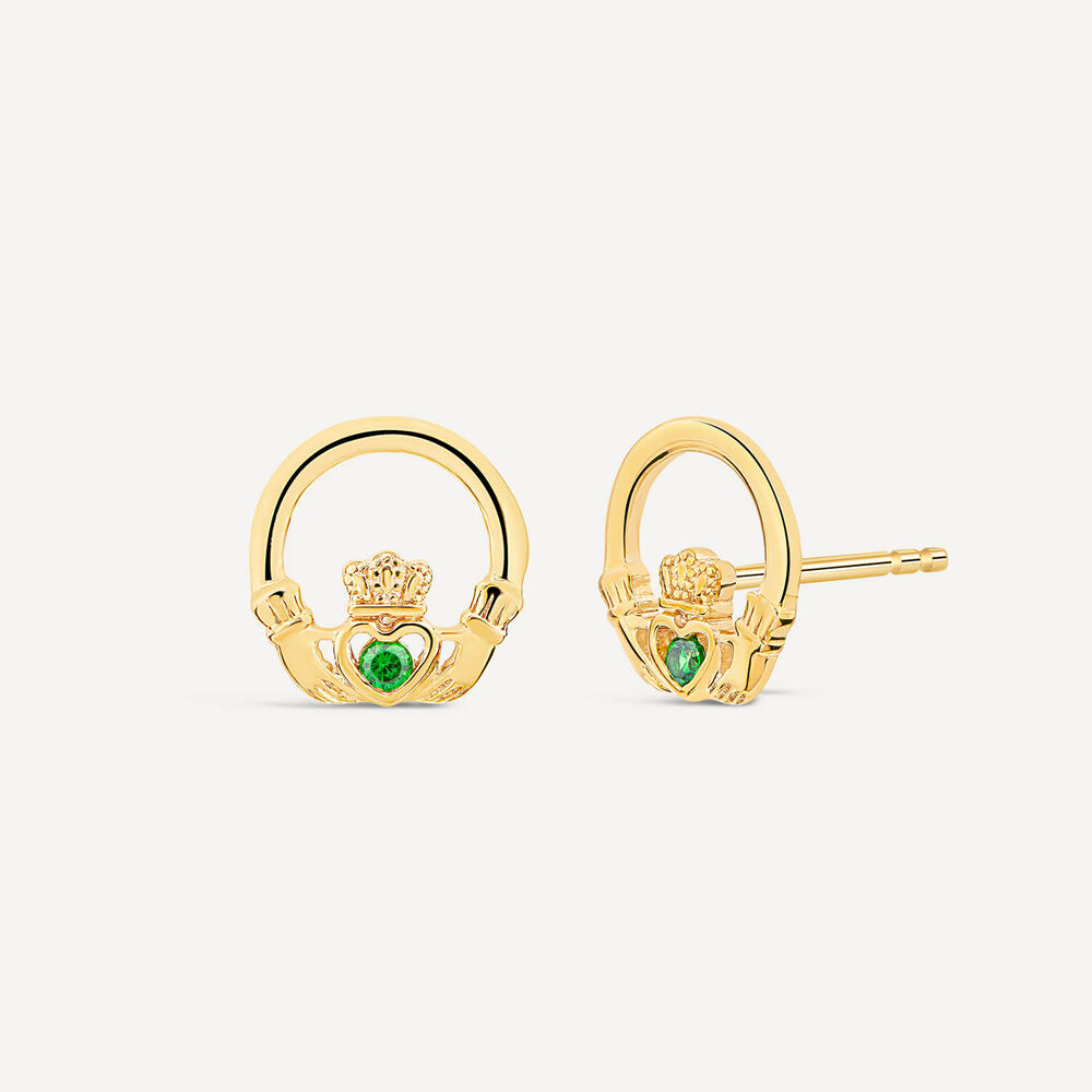 9ct Yellow Gold Green Cubic Zirconia Claddagh Stud Earrings