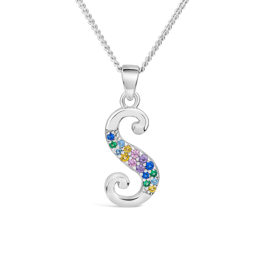 Sterling Silver Coloured Stone Set Initial "S" Pendant - Chain Included