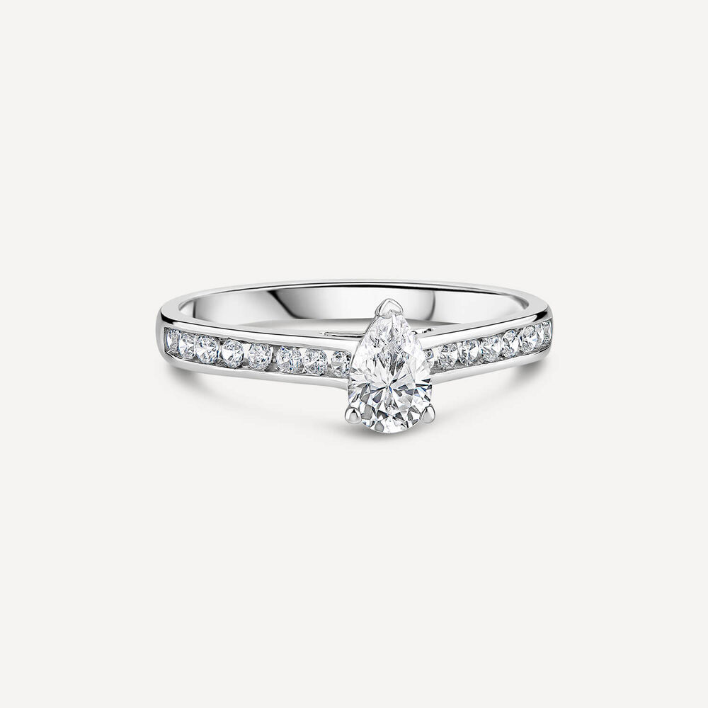 Tulip Setting 18ct White Gold 0.50ct Pear Solitaire & Channel Shoulders Diamond Ring image number 2