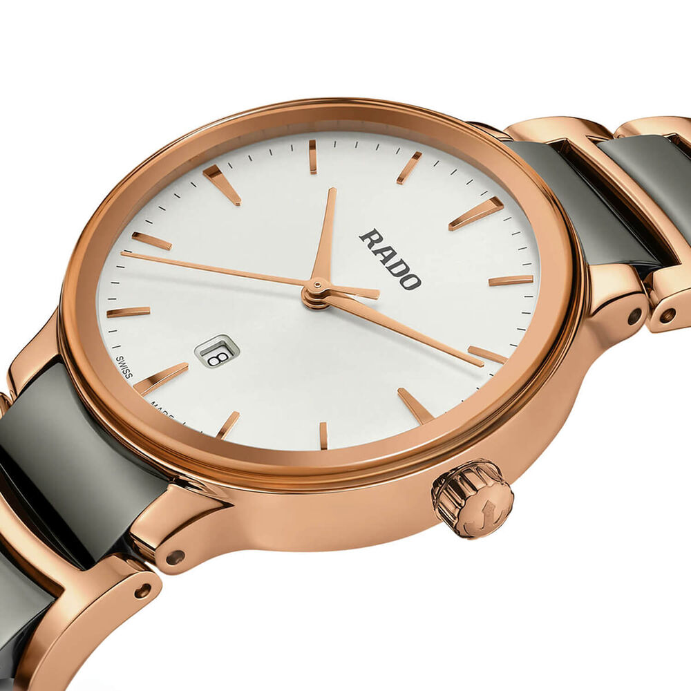 Rado Centrix 28mm White Dial Rose Ceramic Case Rose & Grey Bracelet Watch image number 1