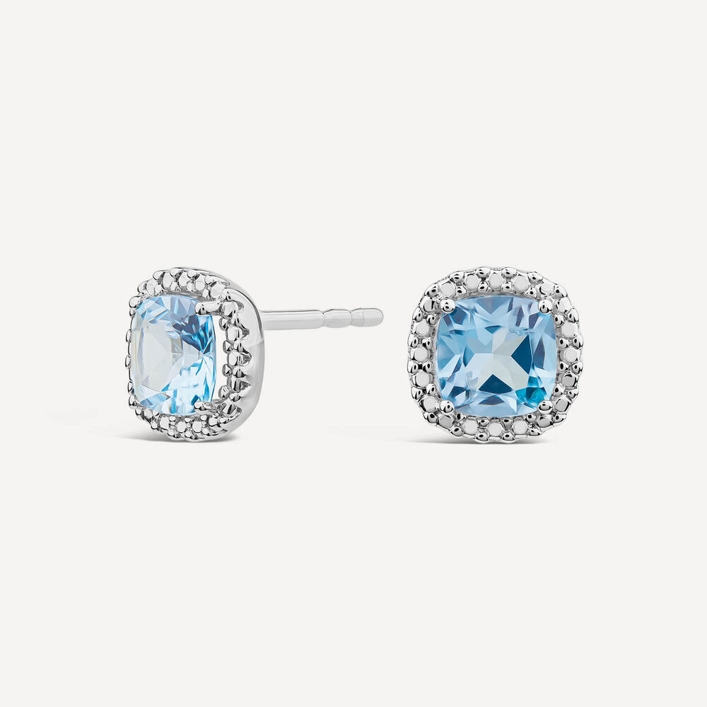 9ct White Gold Sky Blue Topaz Cushion Stud Earrings image number 1