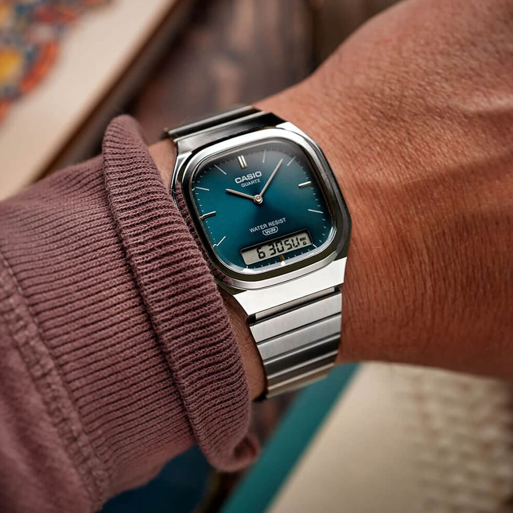 Casio Vintage Blue Dial Dual Display Stainless Steel Bracelet Watch
