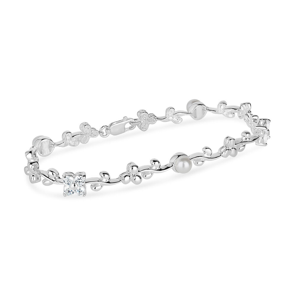 Sterling Silver Cubic Zirconia & Pearl Cluster Flower Bracelet