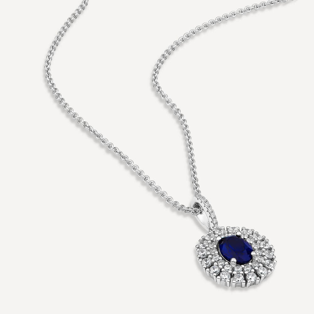 Sterling Silver Blue & White Cubic Zirconia Double Halo Pendant