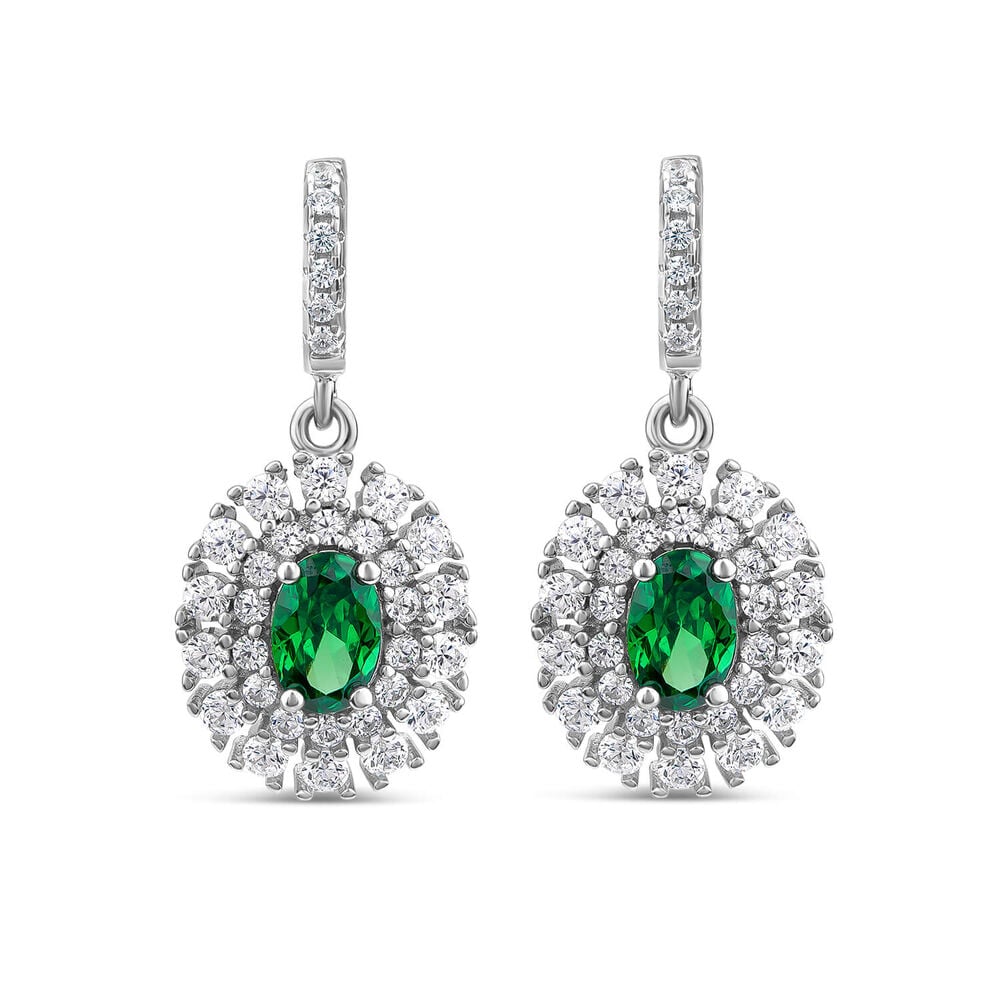Sterling Silver Green & White Cubic Zirconia Double Halo Drop Earrings