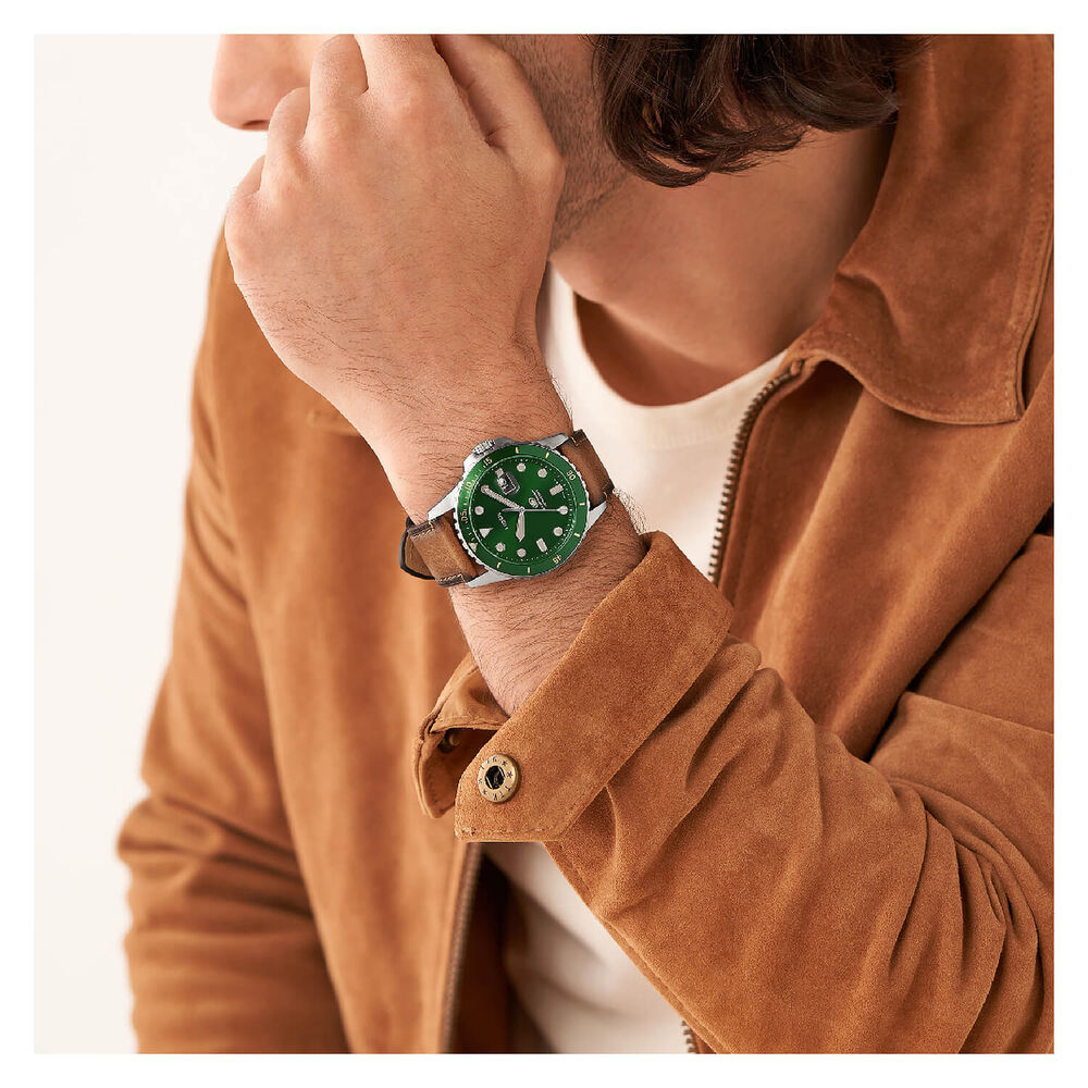 Fossil Blue 42mm Green Dial Tan Leather Strap Watch image number 4