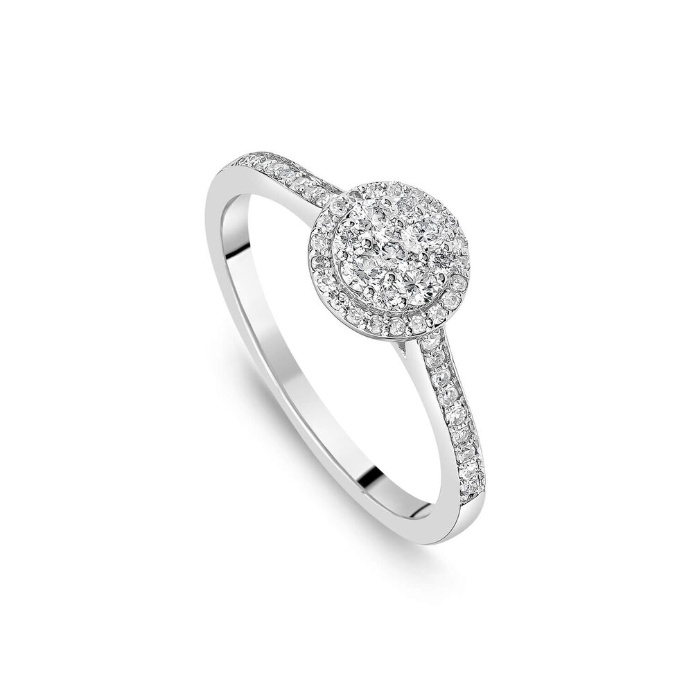 18ct White Gold Round 0.32ct Halo Diamond Shoulders Ring